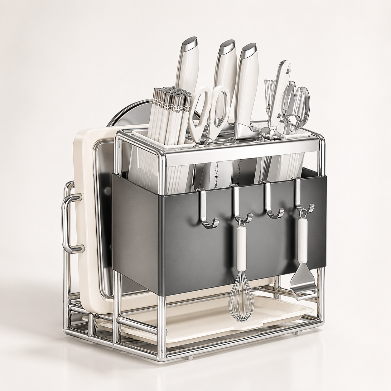 All-in-One Kitchen Knife & Utensil Holder with Chopping Board Rack