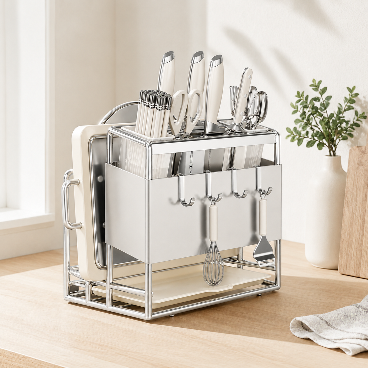 All-in-One Kitchen Knife & Utensil Holder with Chopping Board Rack