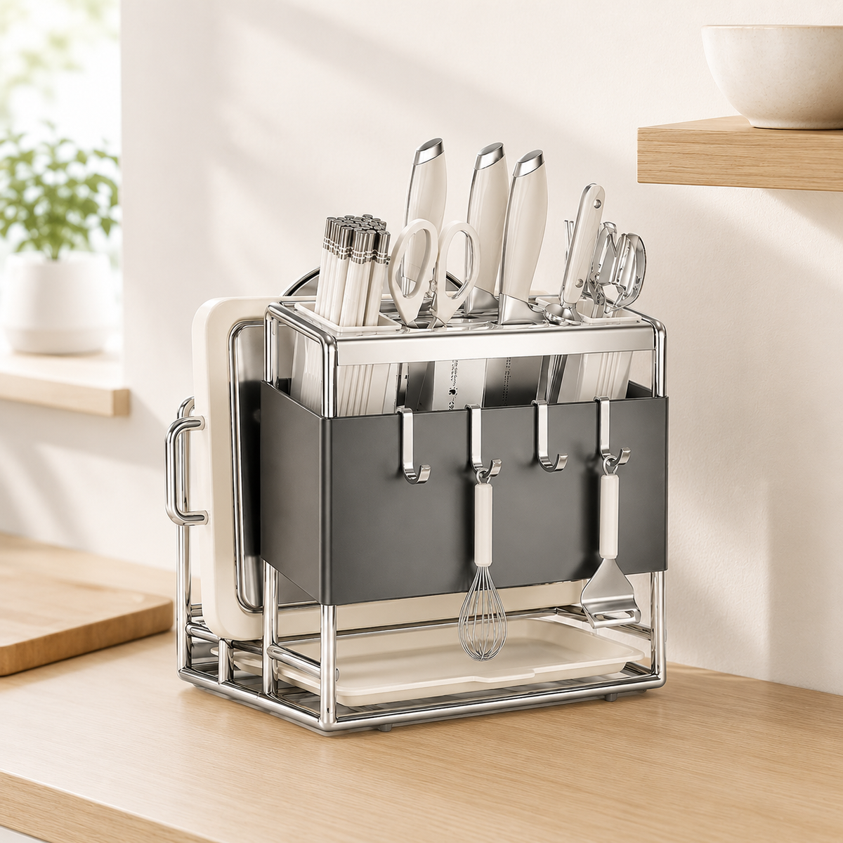 All-in-One Kitchen Knife & Utensil Holder with Chopping Board Rack