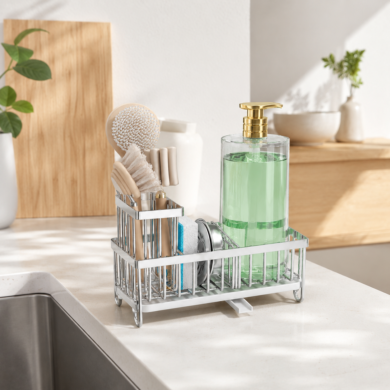 Stainless Steel Sink Caddy with Drain Tray & Brush Holder