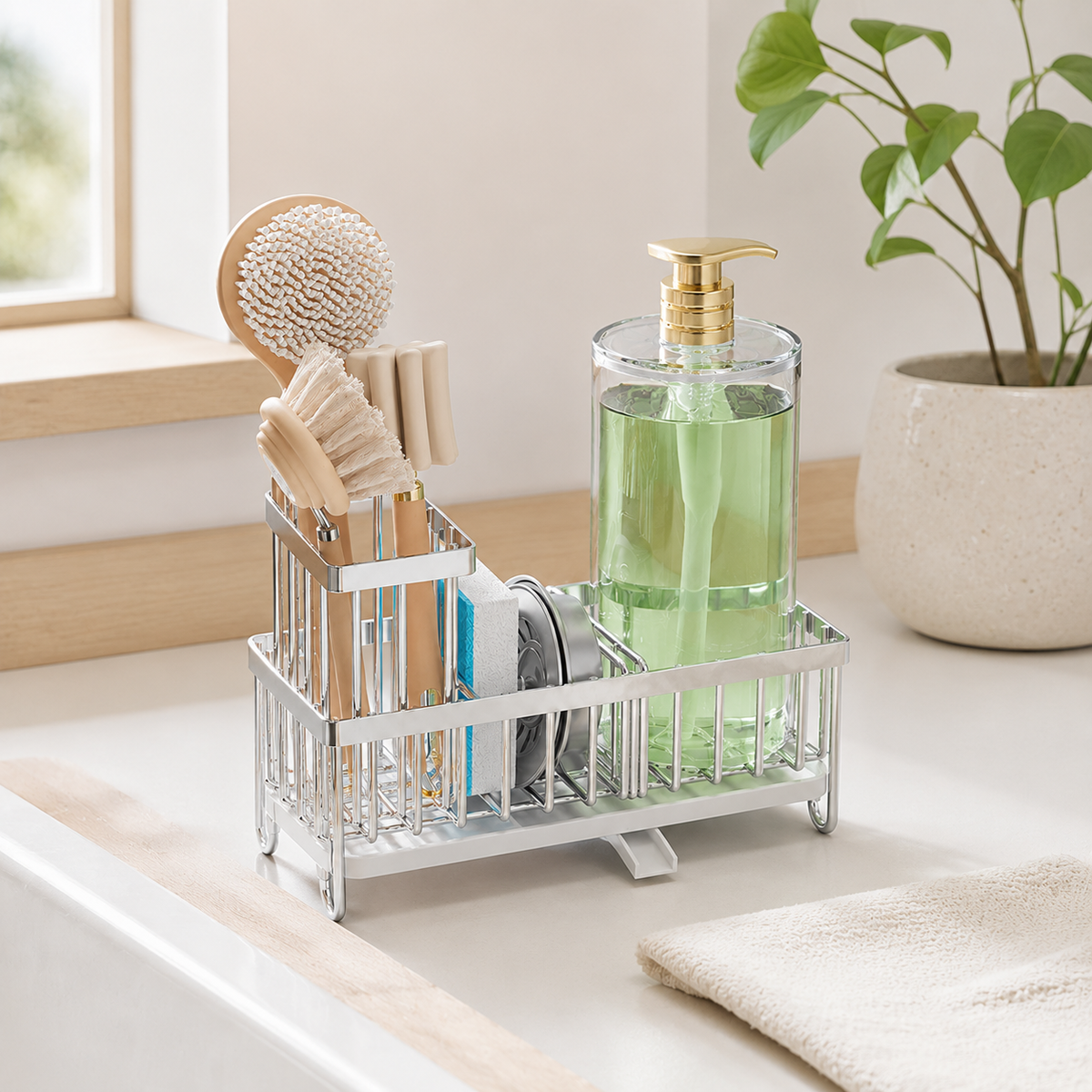 Stainless Steel Sink Caddy with Drain Tray & Brush Holder
