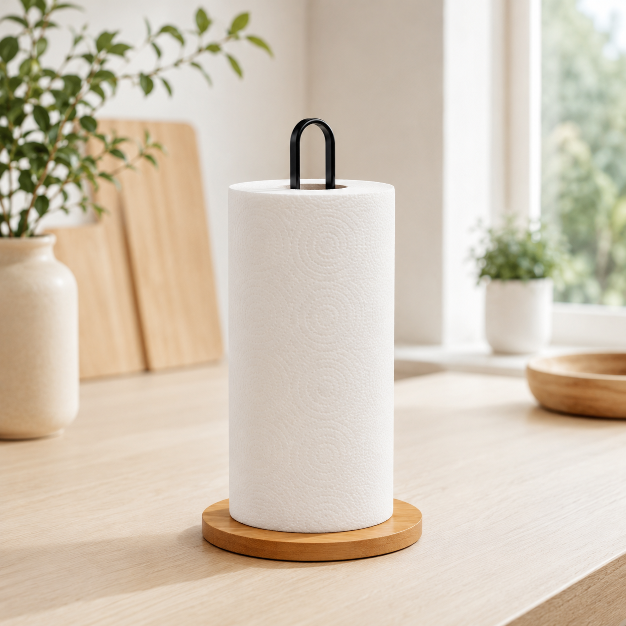 Nordic Paper Towel Holder Stand, Wood or Bamboo-Style Base