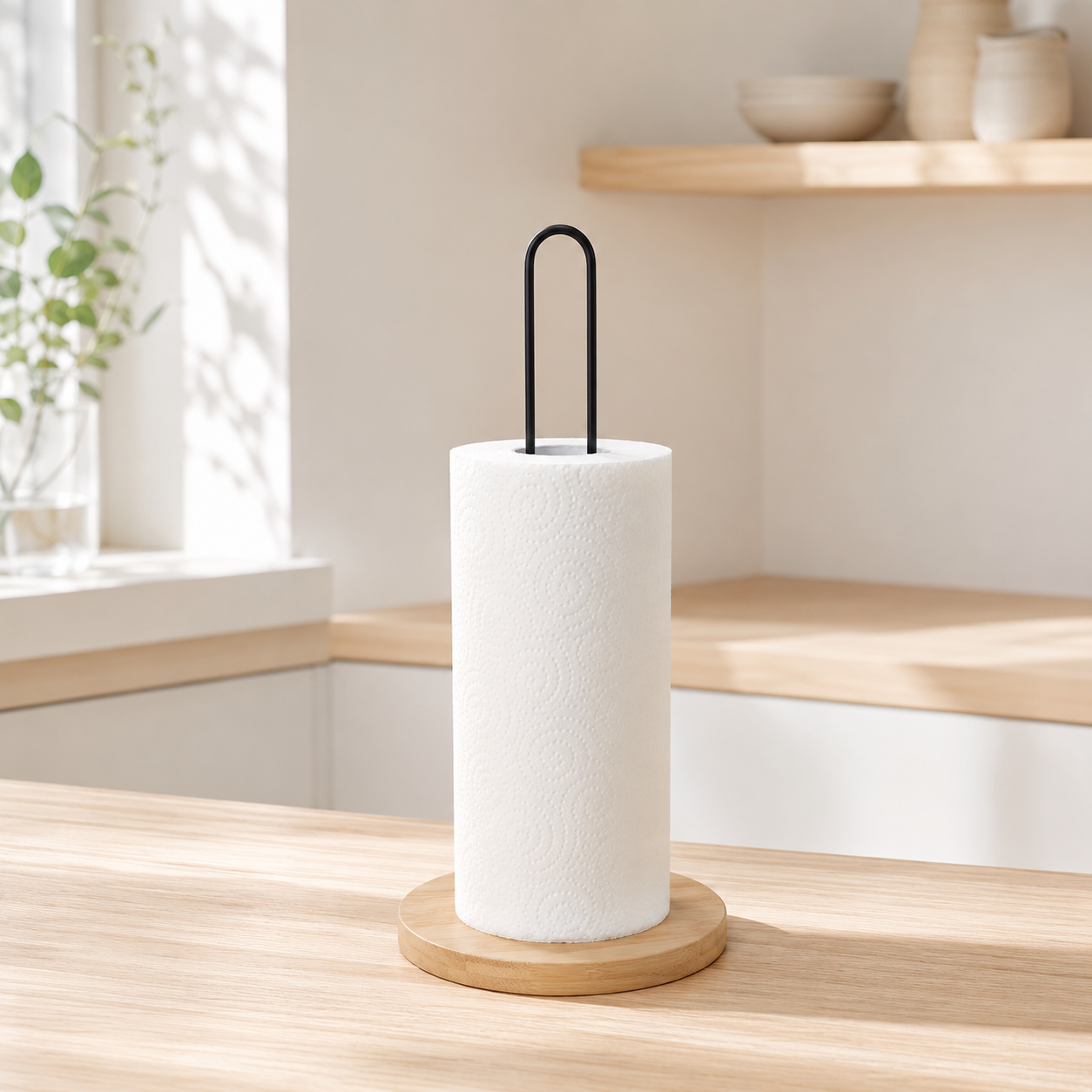 Nordic Paper Towel Holder Stand, Wood or Bamboo-Style Base