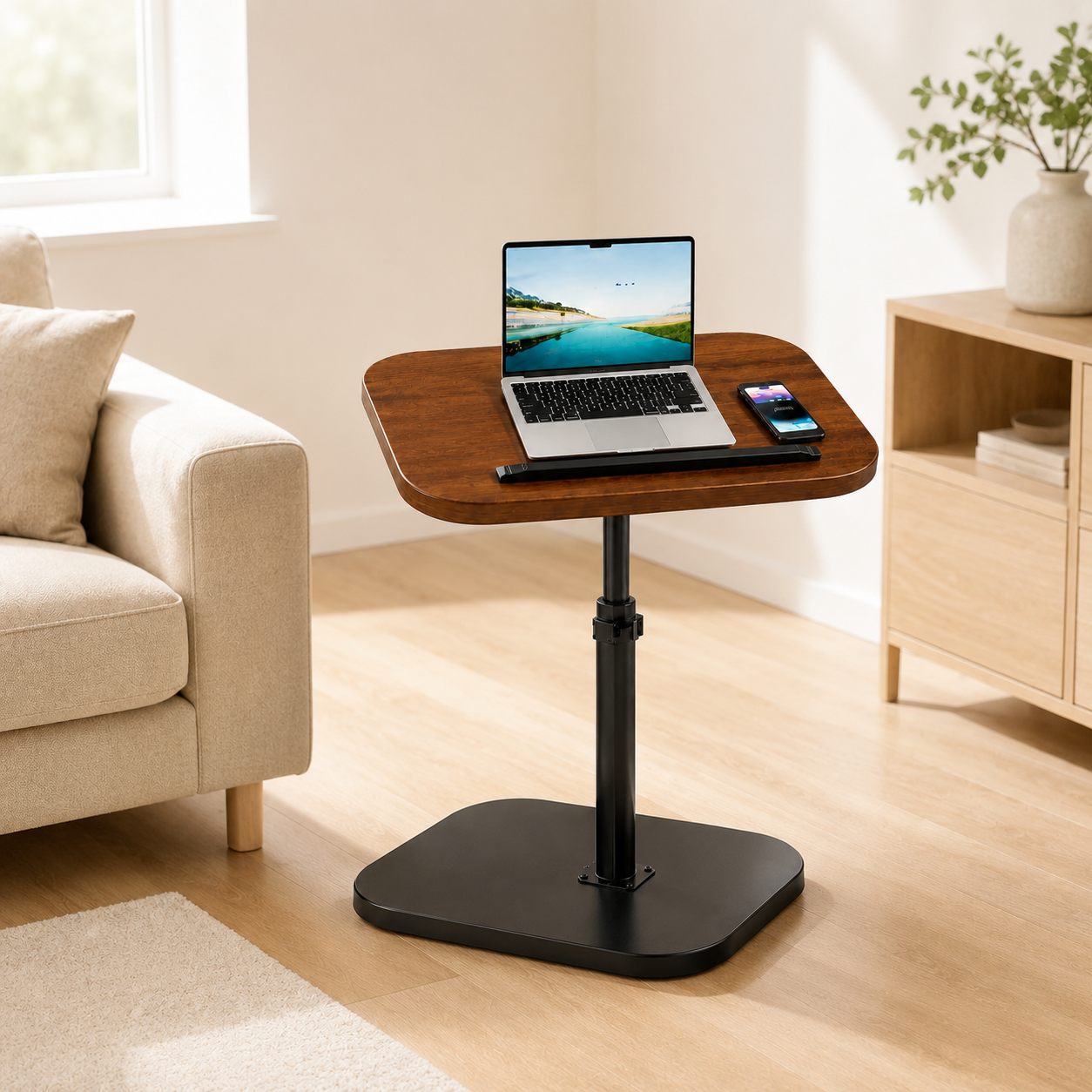 Japandi Adjustable C-Shaped Side Table, Sofa & Bedside Laptop Table