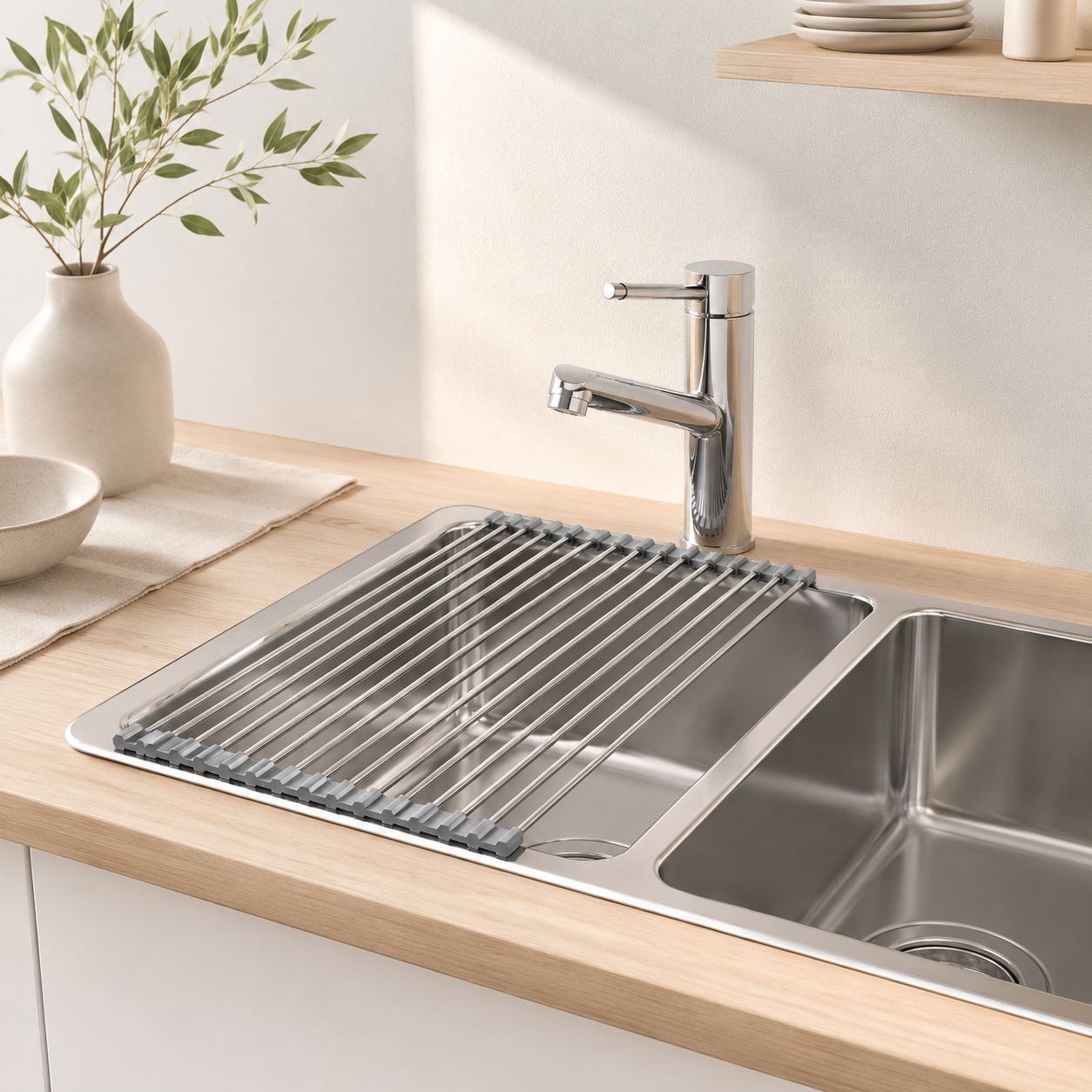 Roll-Up Over-Sink Dish Drying Rack, Space-Saving Kitchen Drainer
