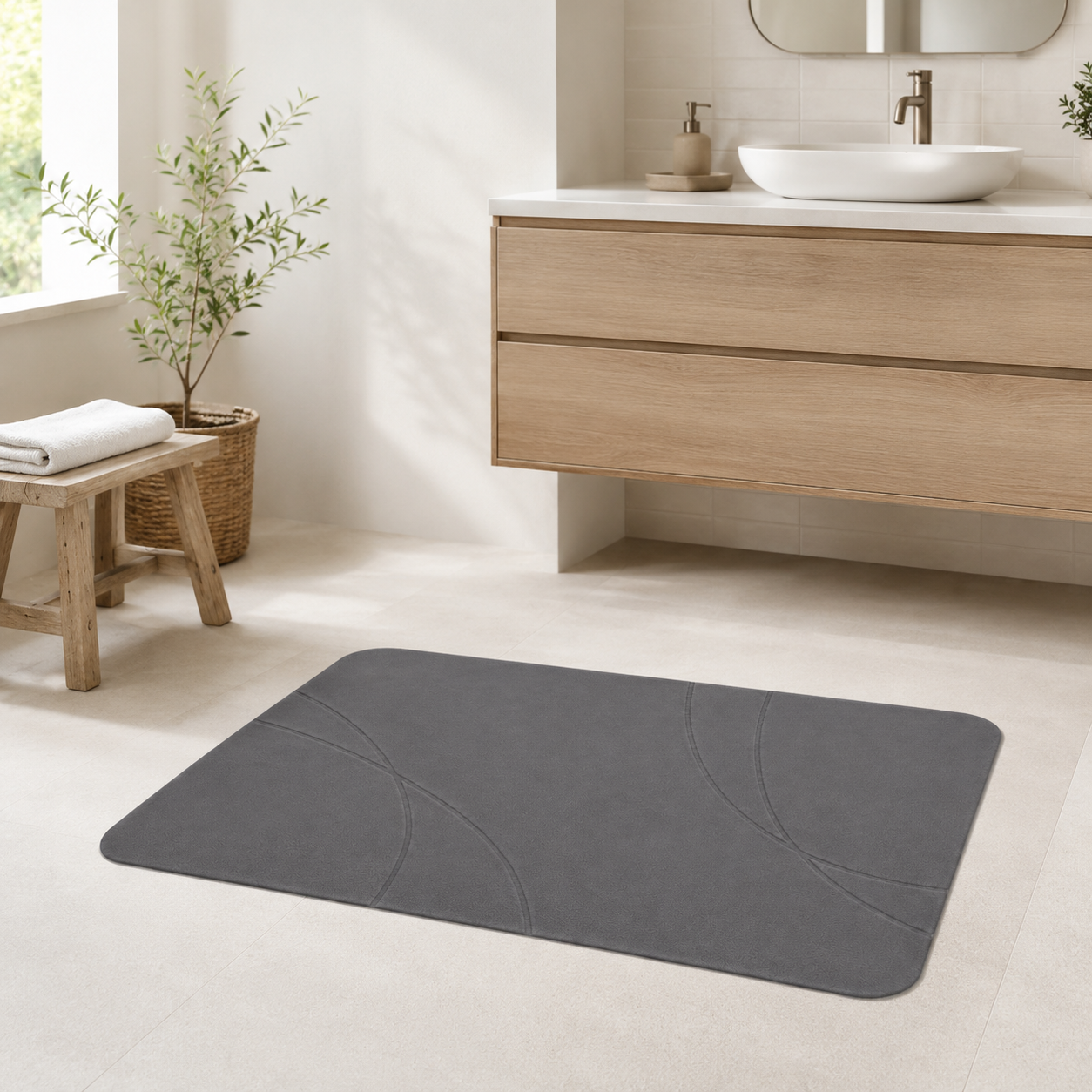 Diatomite Stone Bath Mat - Abstract Arc Design, Quick-Dry 60 × 39cm