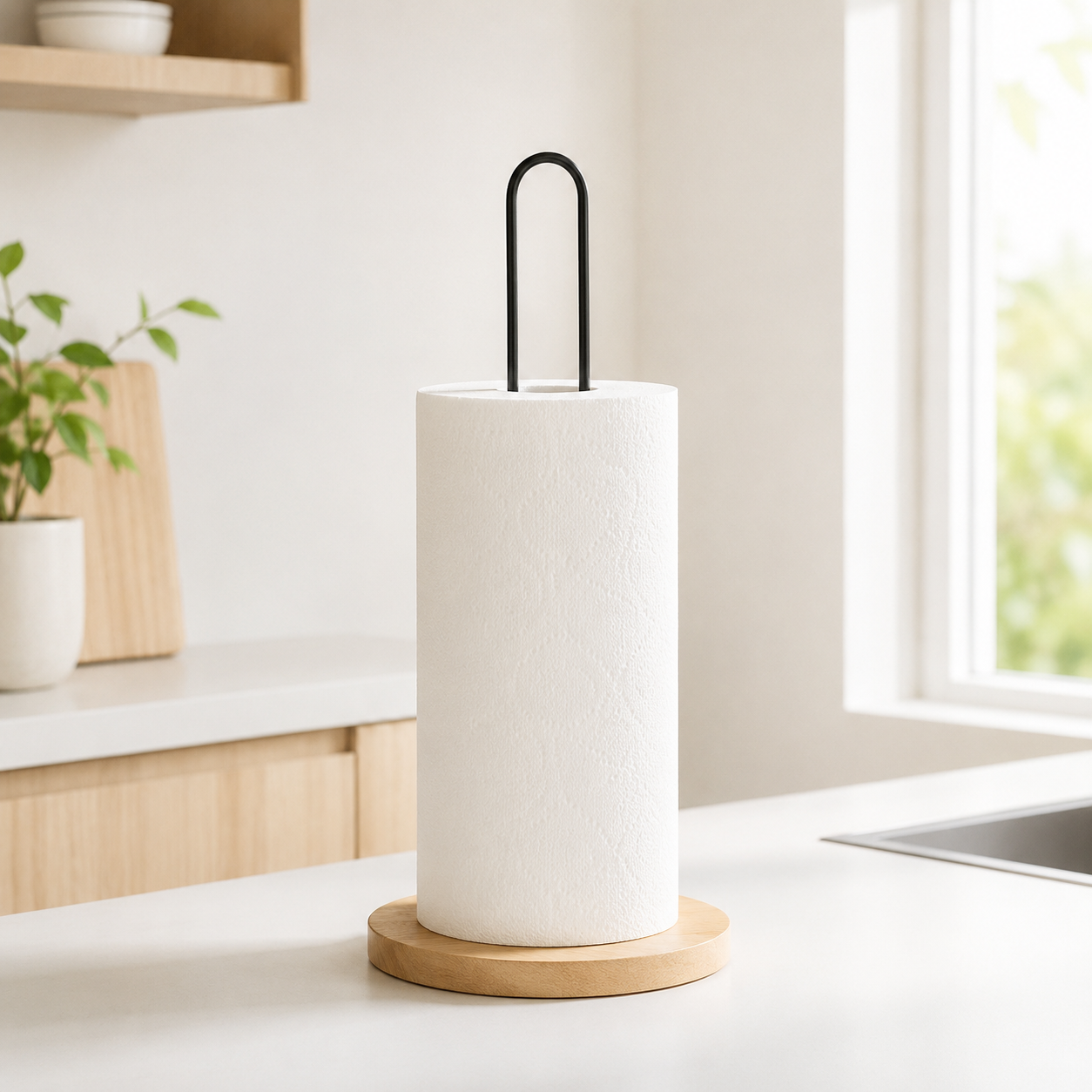 Nordic Paper Towel Holder Stand, Wood or Bamboo-Style Base