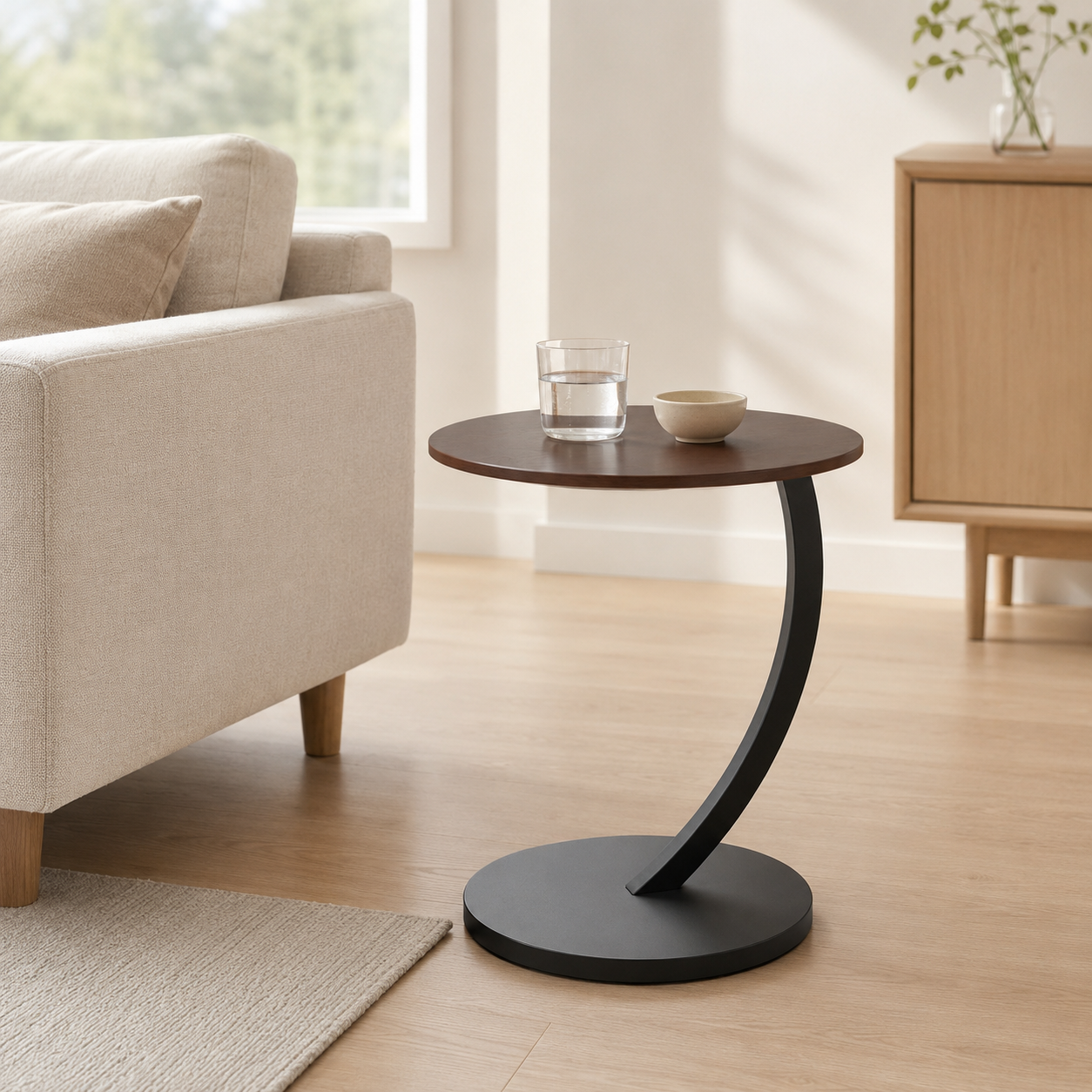 Round C-Shaped Sofa Side Table, Compact Living Room & Bedside Table