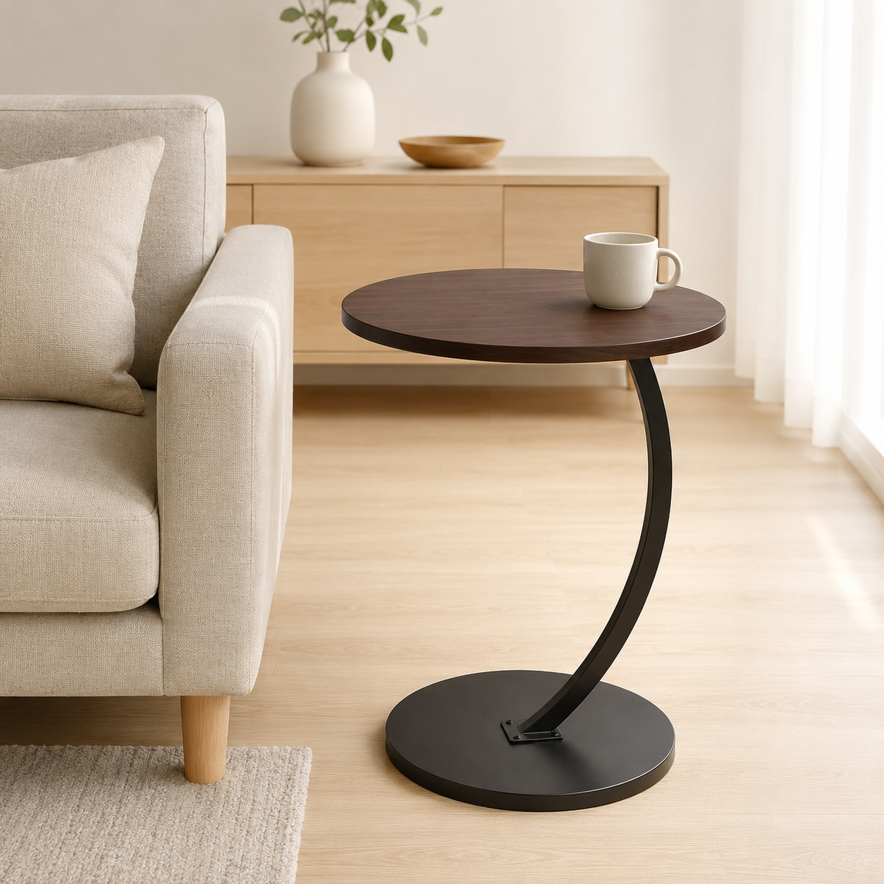 Round C-Shaped Sofa Side Table, Compact Living Room & Bedside Table