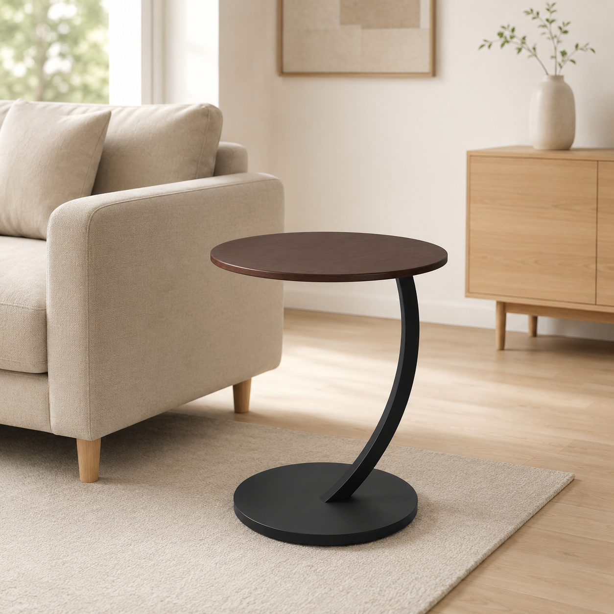 Round C-Shaped Sofa Side Table, Compact Living Room & Bedside Table
