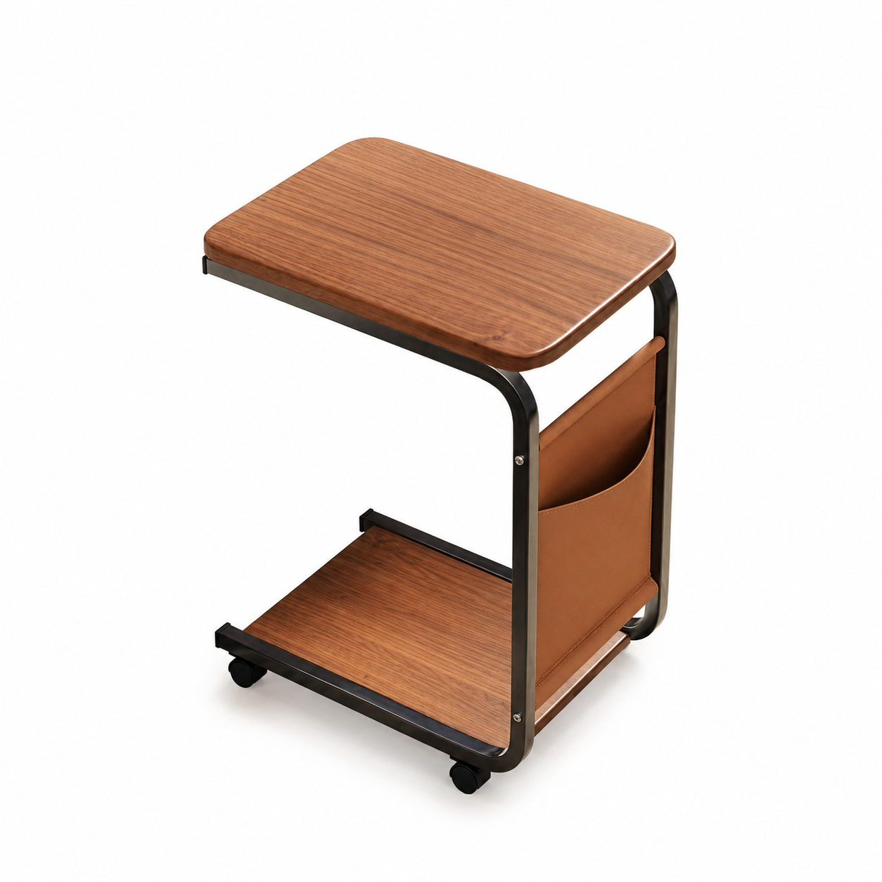 C-Shaped Sofa Side Table with Wheels, Mobile Storage Table for Living Room
