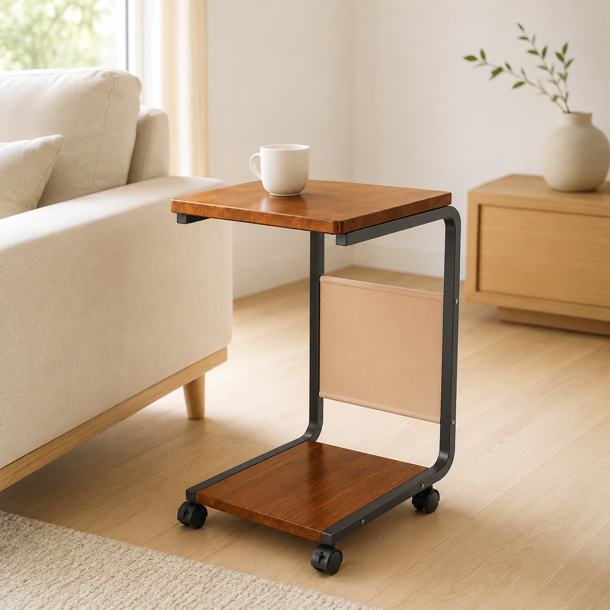 C-Shaped Sofa Side Table with Wheels, Mobile Storage Table for Living Room