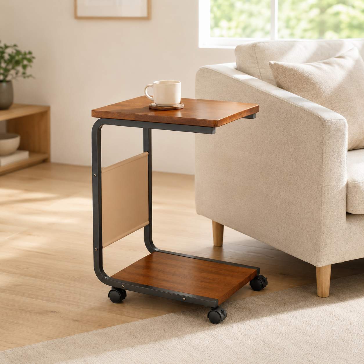 C-Shaped Sofa Side Table with Wheels, Mobile Storage Table for Living Room