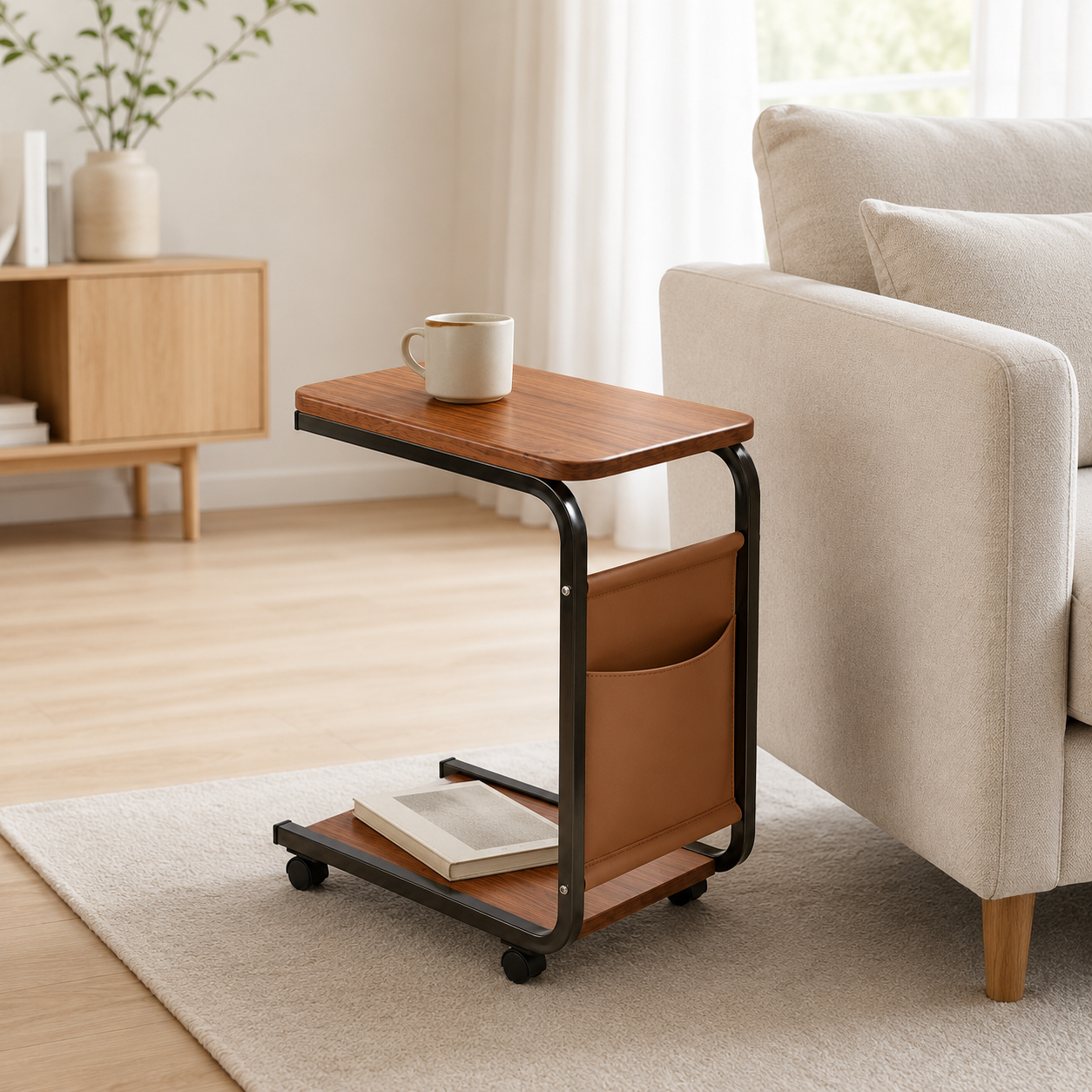 C-Shaped Sofa Side Table with Wheels, Mobile Storage Table for Living Room
