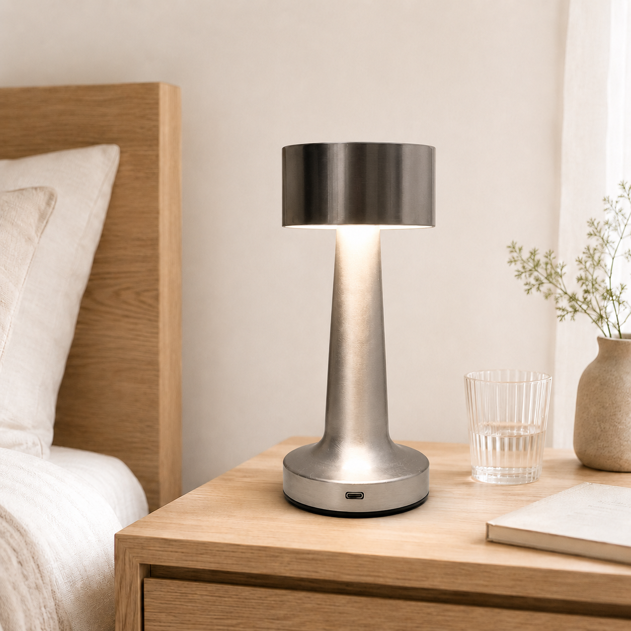 Modern Rechargeable Metal Table Lamp, Warm Bedside Night Light