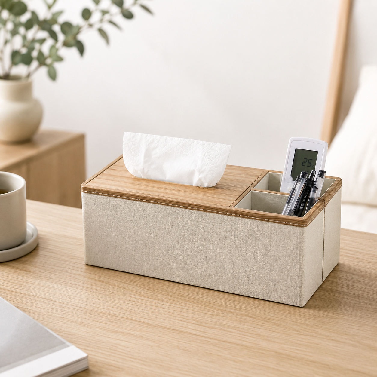 Nordic PU Leather Tissue Box Organiser, Minimalist Multi-Compartment Holder