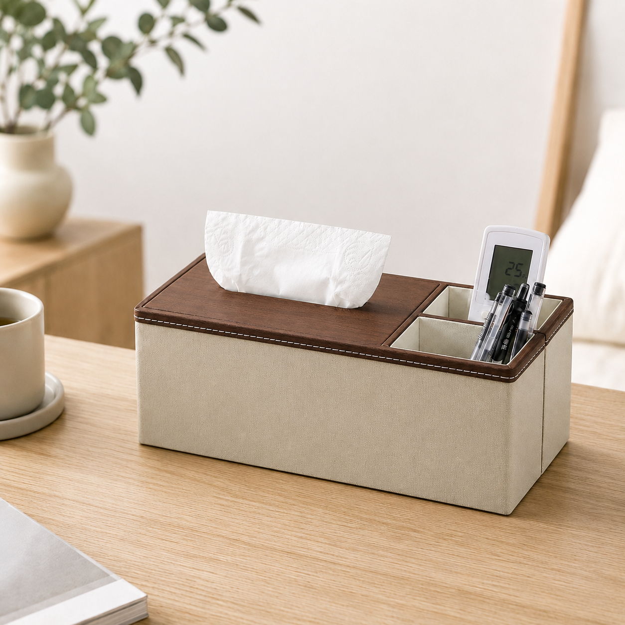 Nordic PU Leather Tissue Box Organiser, Minimalist Multi-Compartment Holder