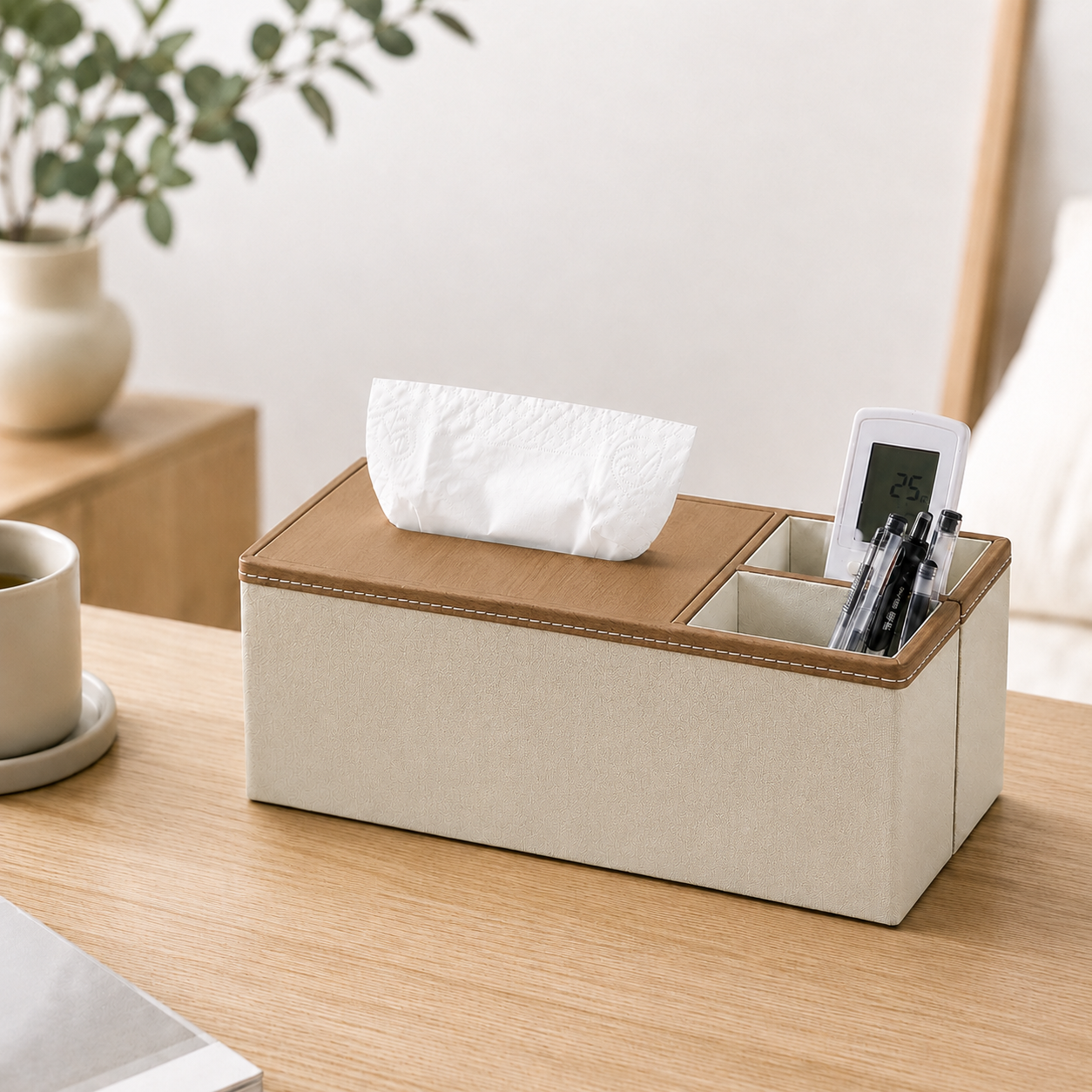 Nordic PU Leather Tissue Box Organiser, Minimalist Multi-Compartment Holder