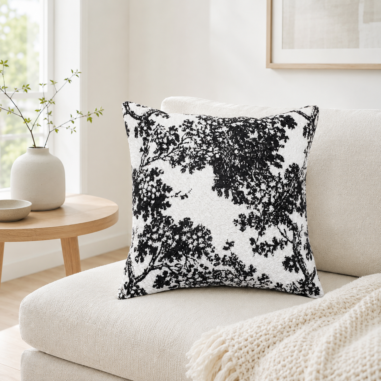 Chenille Ink Tree Jacquard Cushion Cover 45 × 45cm, Decorative Sofa Pillow Cover