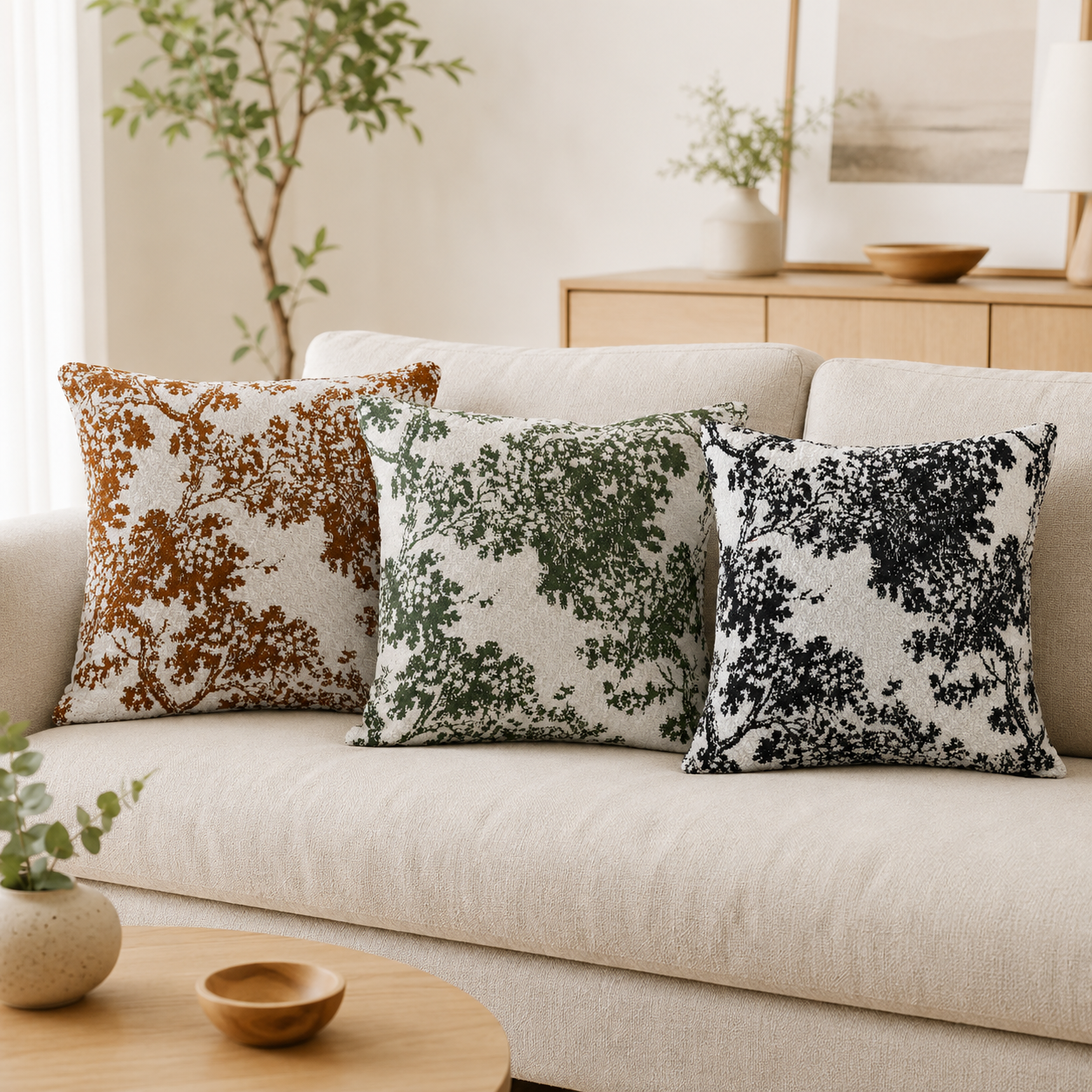 Chenille Ink Tree Jacquard Cushion Cover 45 × 45cm, Decorative Sofa Pillow Cover
