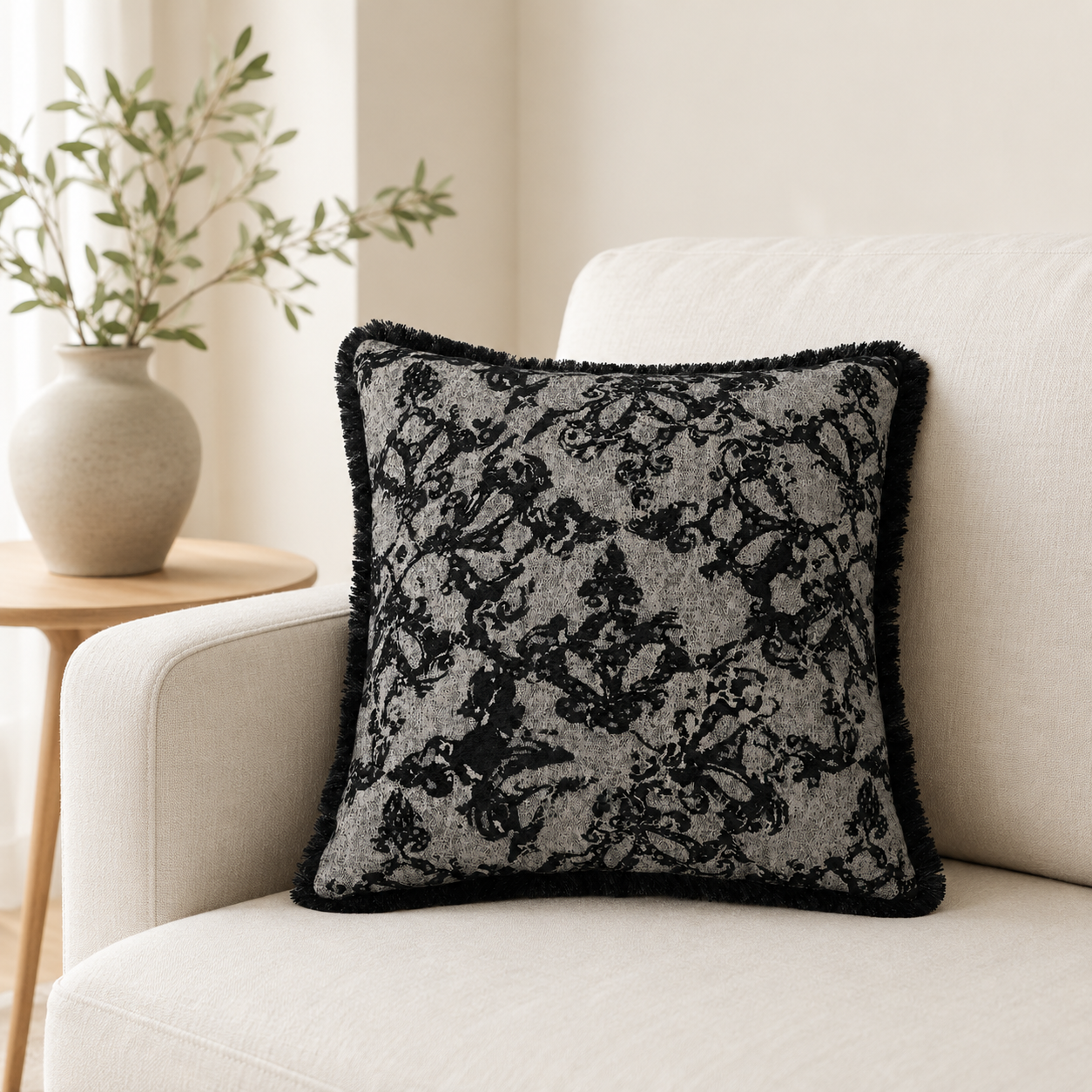 Butterfly Floral Fringe Cushion Cover 45 × 45cm, Black & Grey