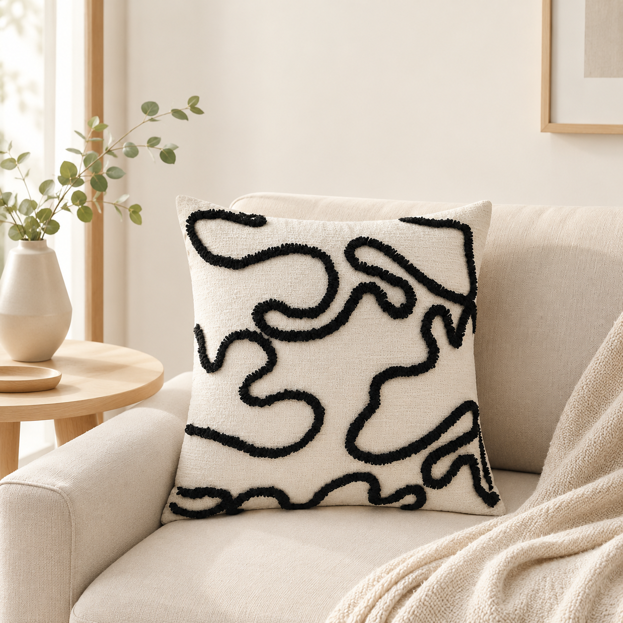 Abstract Tufted Cushion Cover 45 × 45cm, Black & Cream Pillow Cover