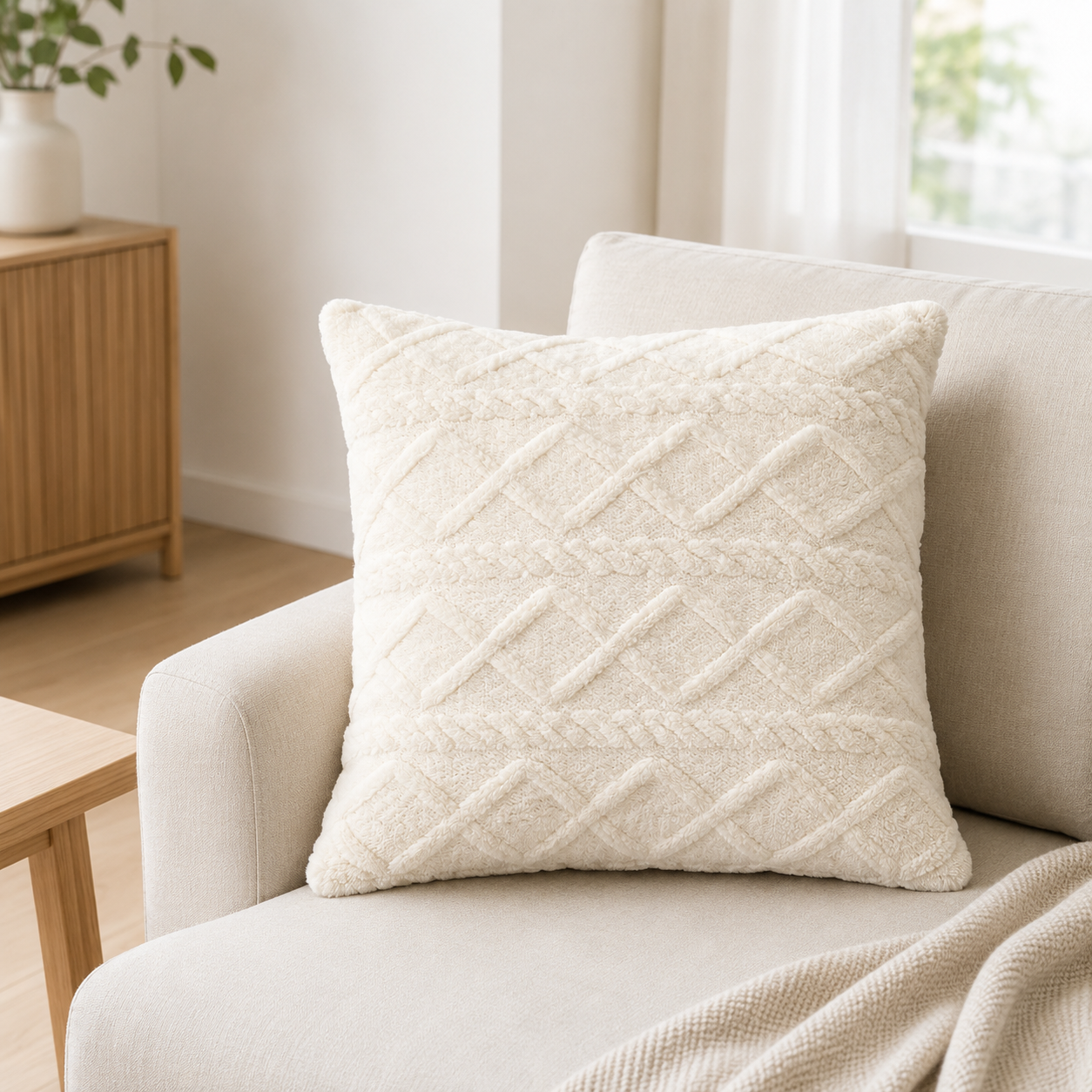 Plush 3D Jacquard Cushion Cover 45 × 45cm, Textured Sofa Pillow Cover