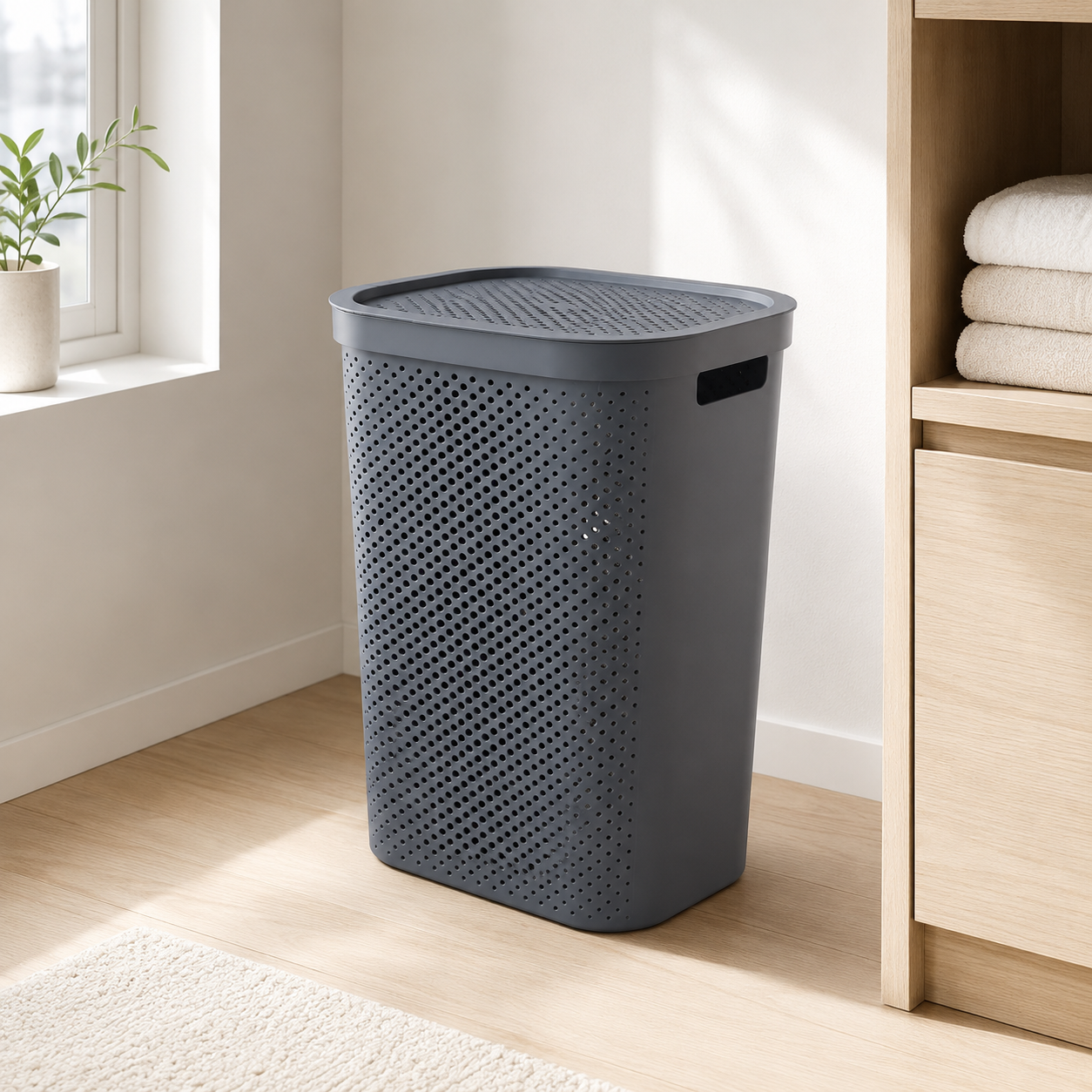 Japanese-Style Laundry Basket with Lid, Large Ventilated Clothes Hamper
