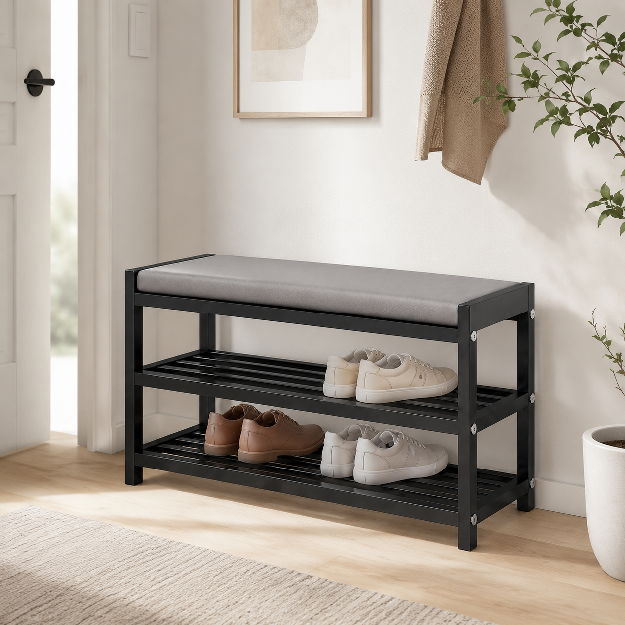 Metal Shoe Rack Bench with Cushioned Seat, Entryway Storage Organiser