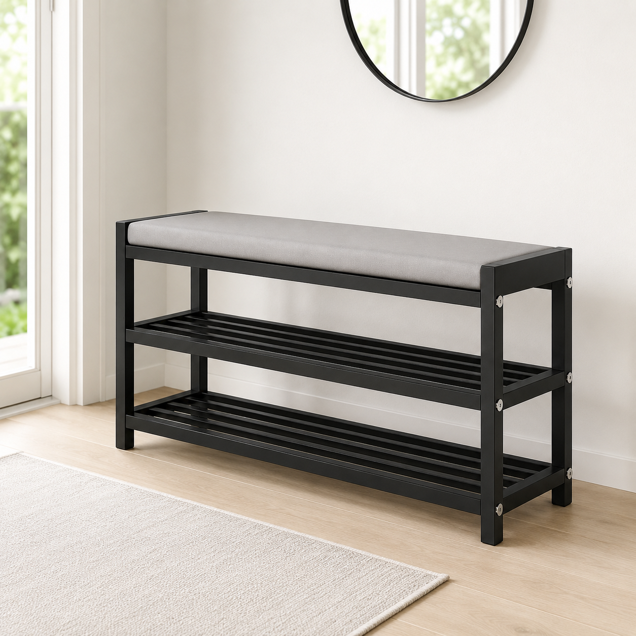 Metal Shoe Rack Bench with Cushioned Seat, Entryway Storage Organiser