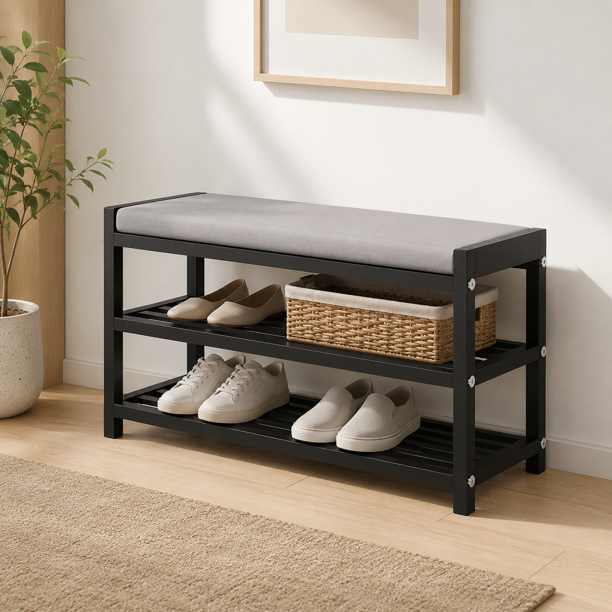 Metal Shoe Rack Bench with Cushioned Seat, Entryway Storage Organiser