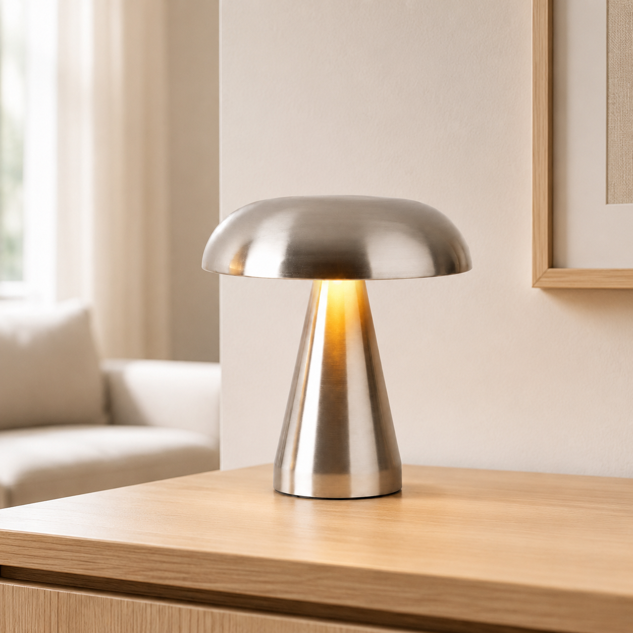 Modern Rechargeable Mushroom Table Lamp, Metal Bedside Night Light