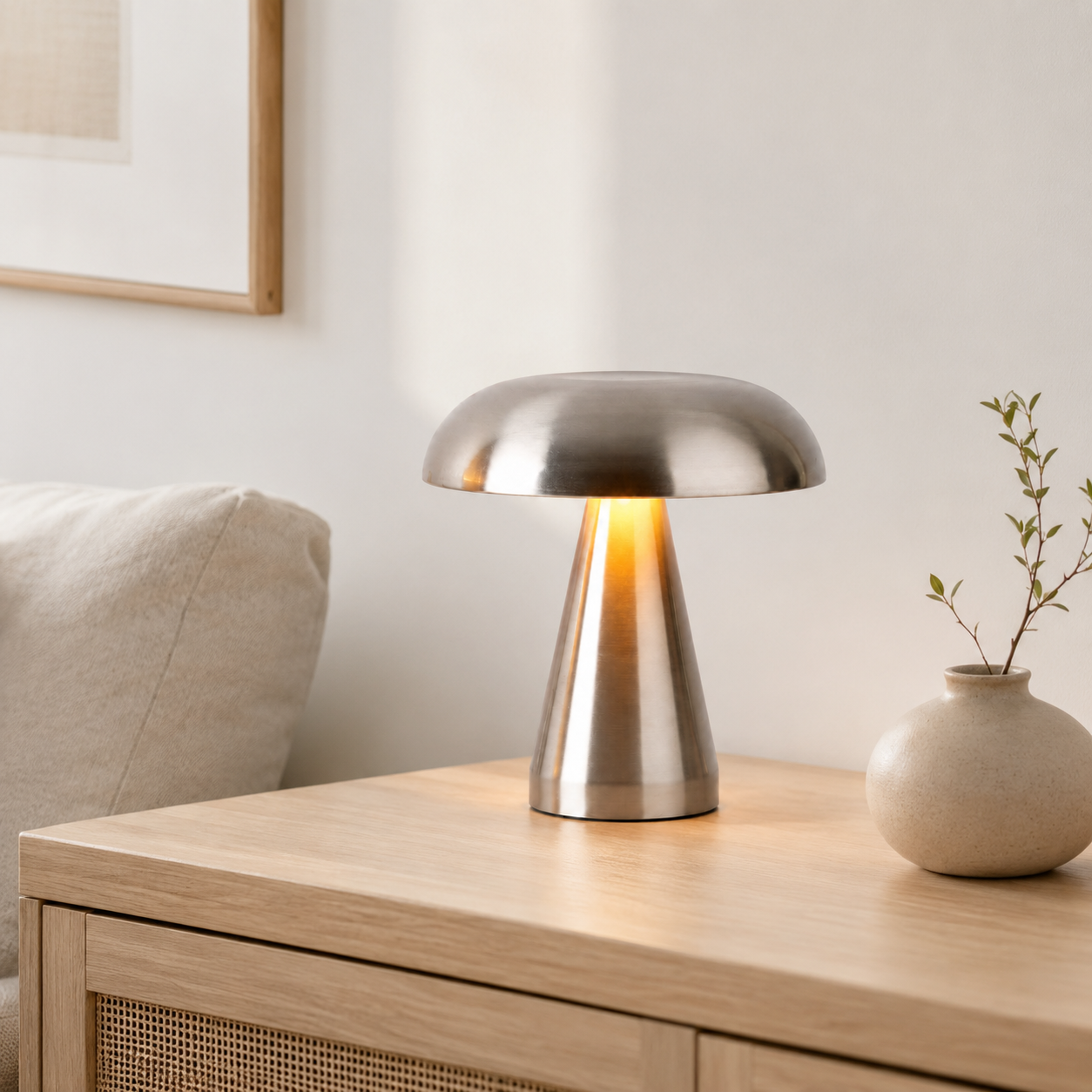 Modern Rechargeable Mushroom Table Lamp, Metal Bedside Night Light