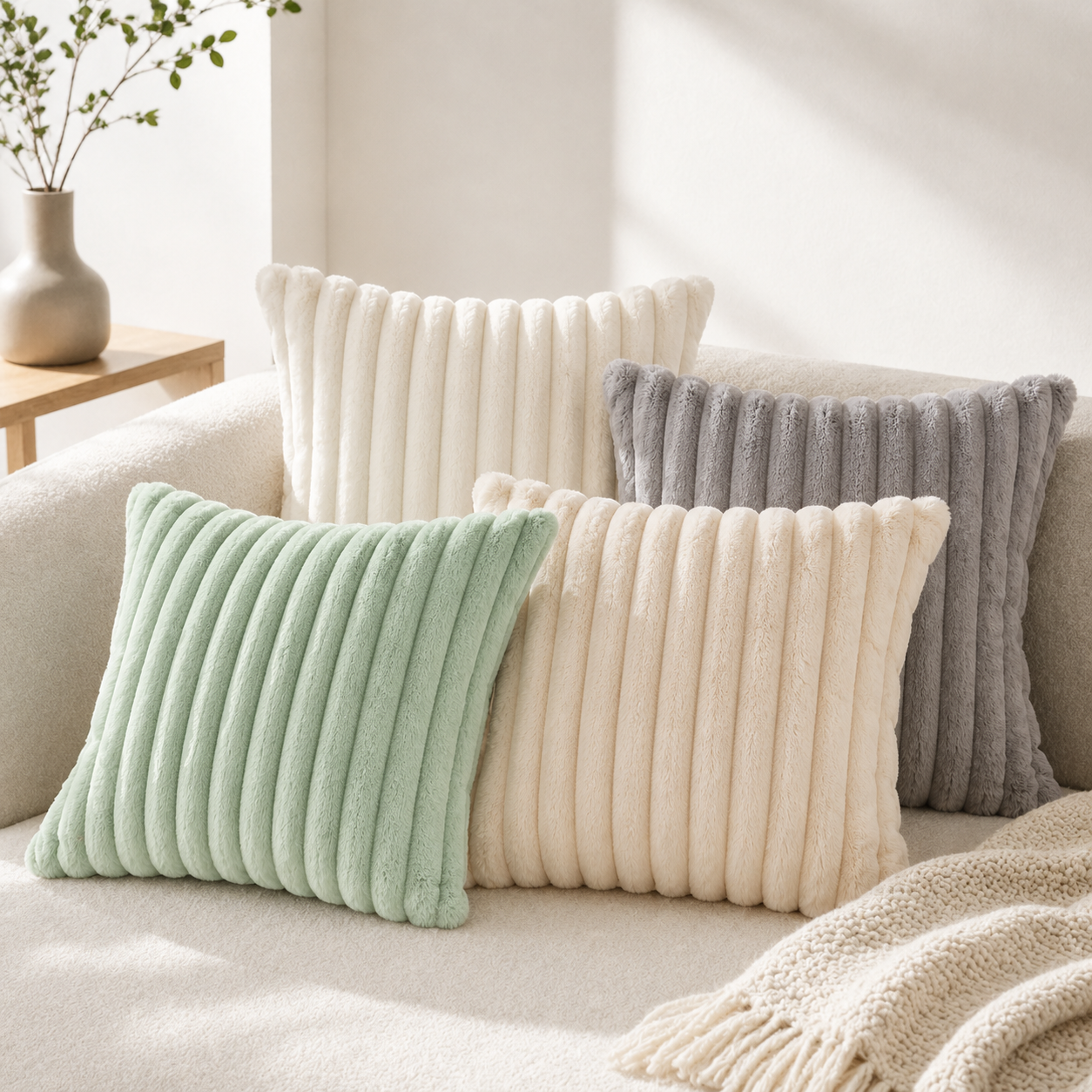 Plush Ribbed Cushion Cover 45 × 45cm, Soft Decorative Sofa Pillow Cover