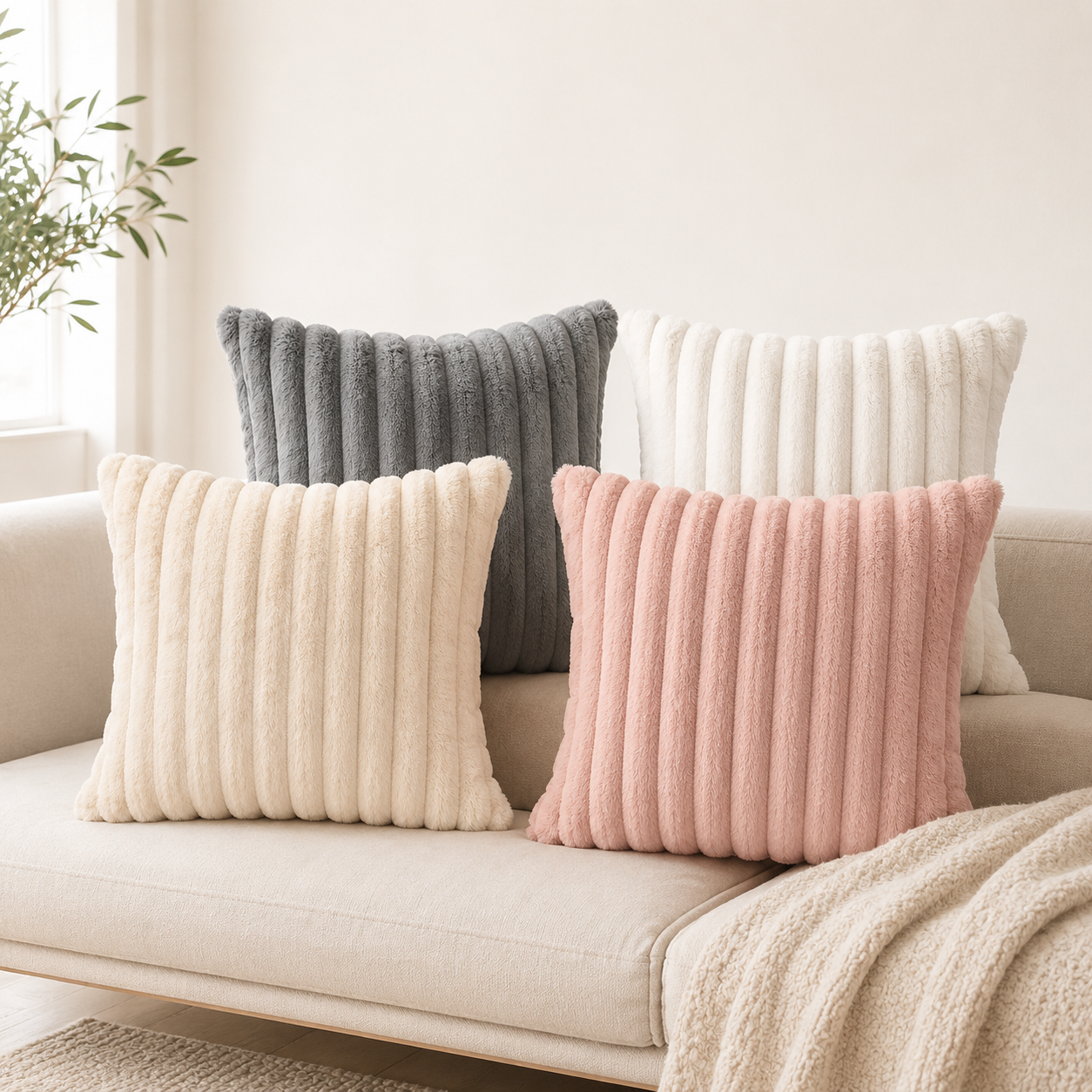 Plush Ribbed Cushion Cover 45 × 45cm, Soft Decorative Sofa Pillow Cover