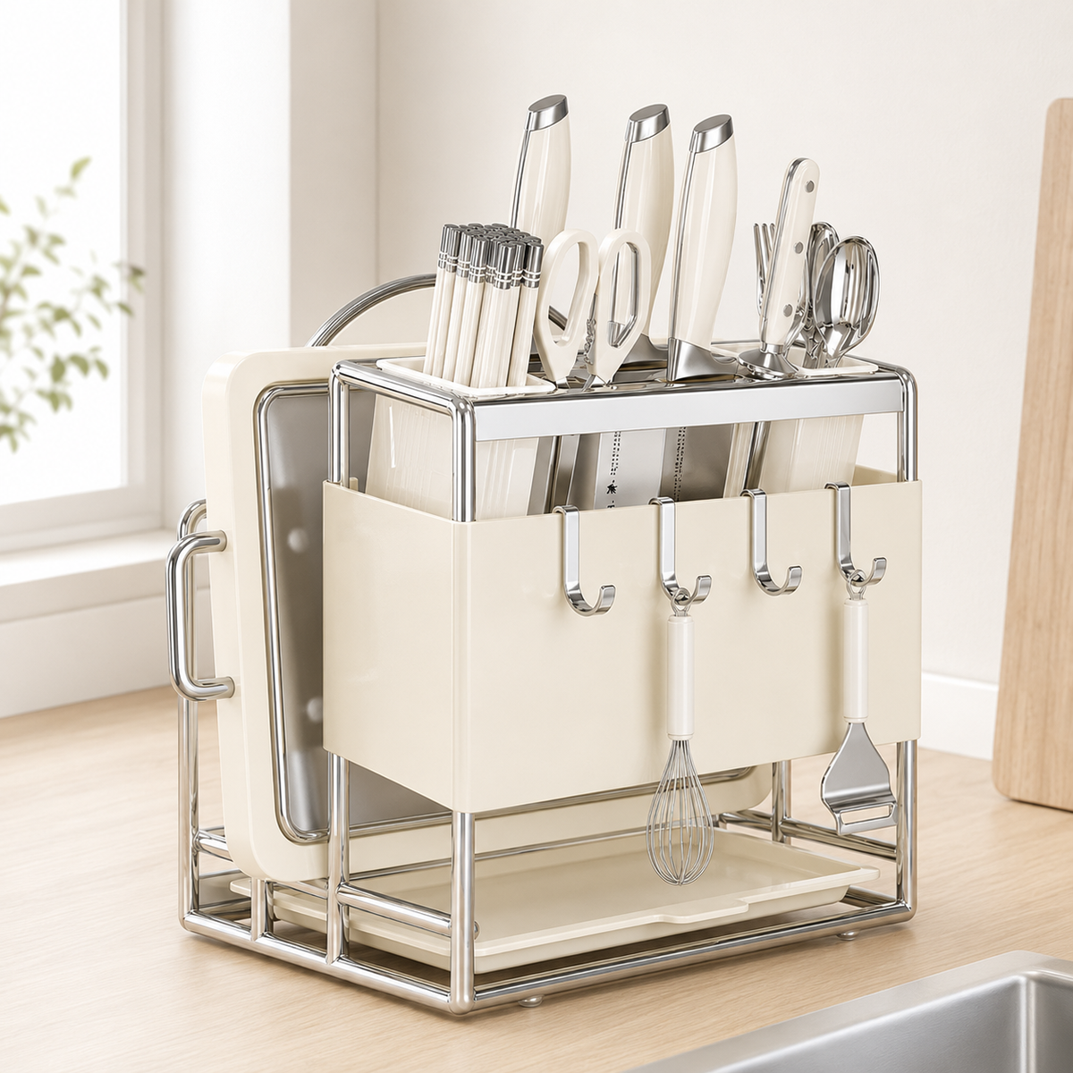 All-in-One Kitchen Knife & Utensil Holder with Chopping Board Rack