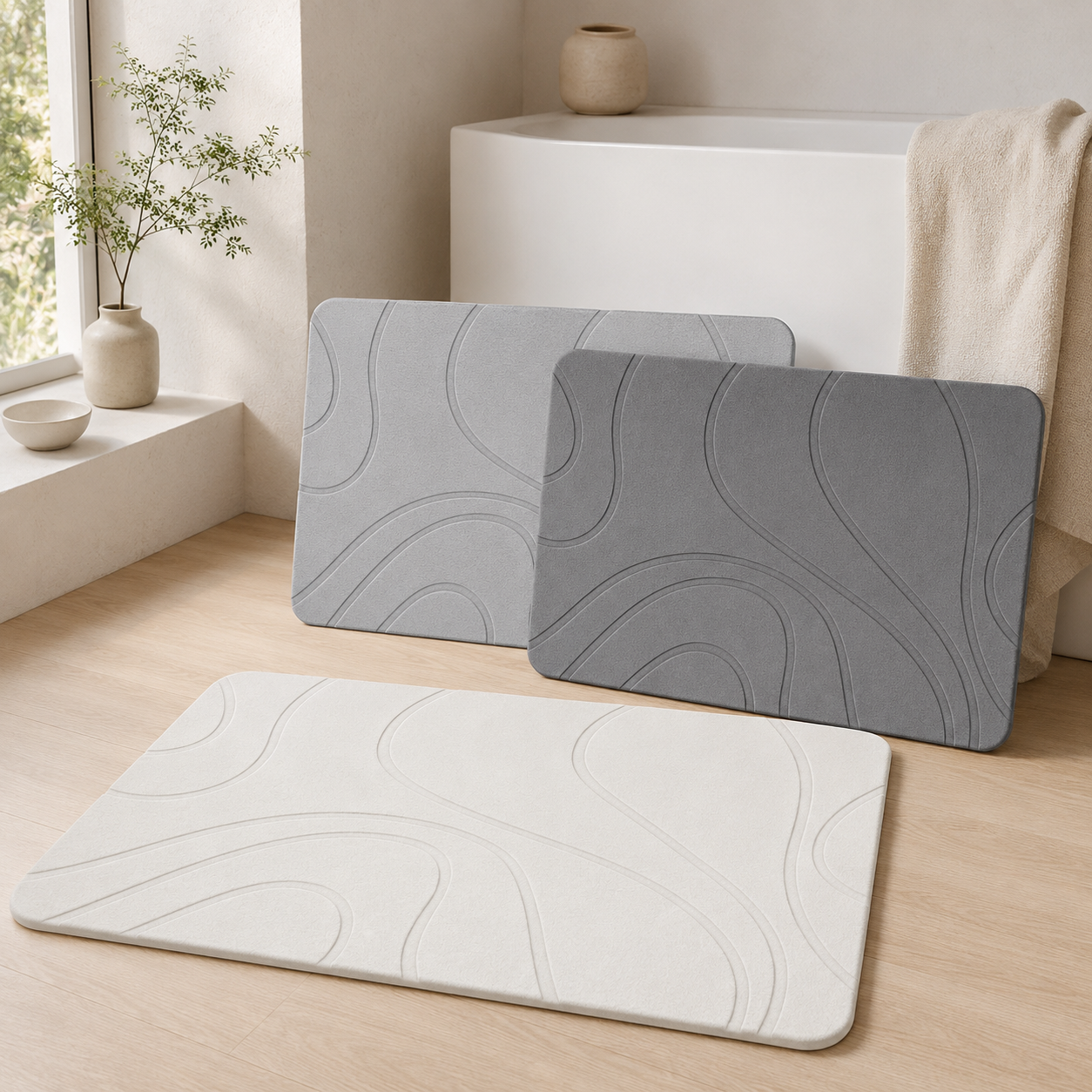 Diatomite Stone Bath Mat - Contour Design, Quick-Dry 60 × 39cm