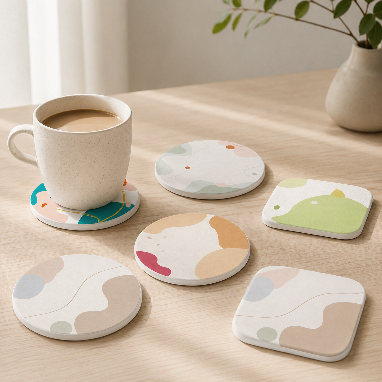 Diatomite Round Coaster Set 6pcs - Nordic-Inspired Quick-Dry Coasters
