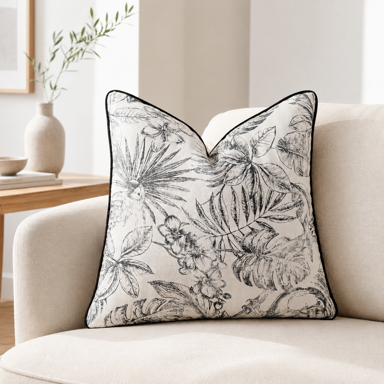 Monochrome Botanical Cushion Cover 45 × 45cm, Black & White Pillow Cover