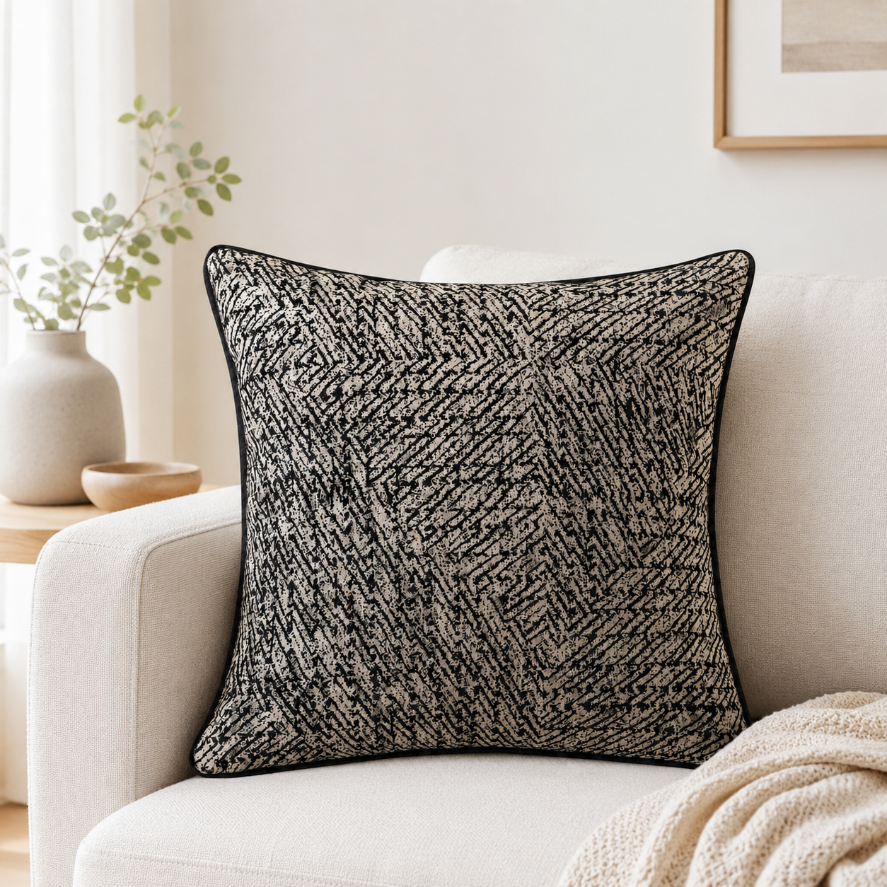 Monochrome Geometric Cushion Cover 45 × 45cm, Black & Beige Pillow Cover